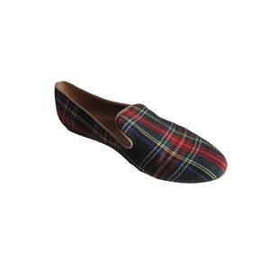 *J. CREW Tartan Print Slippers Gold Piping Trim Slip-Ons - Size 8.5